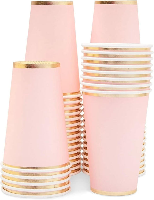 Juvale Pink Party Cups - 12 Oz, 50 Pack, Light Pink & Gold - Disposable Paper Cups for Hot & Cold Beverages - Bridal & Baby Shower