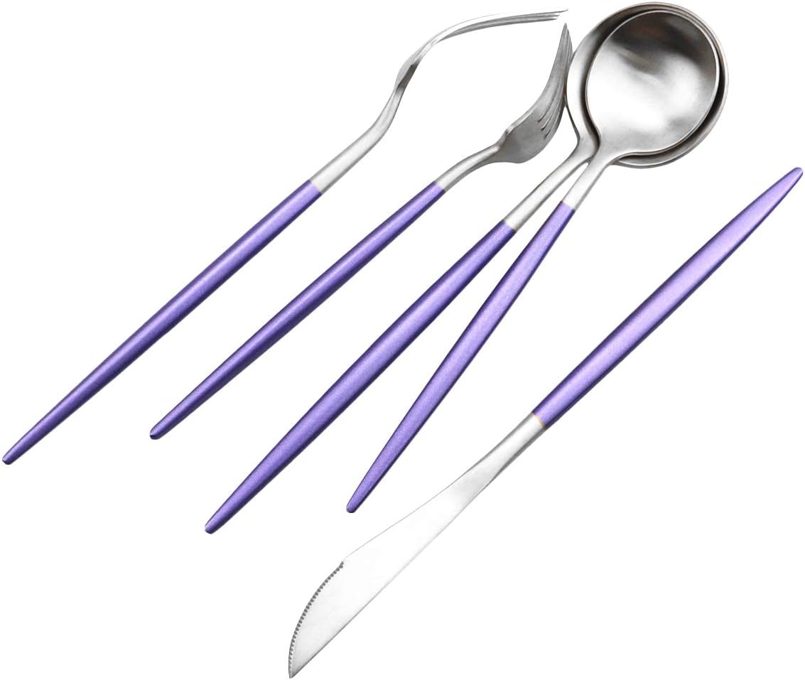 JASHII Silverware Sets, 20-Piece Flatware 18/10 Stainless Steel Heavy Weight Forged Cutlery Eating Utensils Forks Spoons Knives Set Tableware Service for 4 Matte Finished (Purple & Silver)