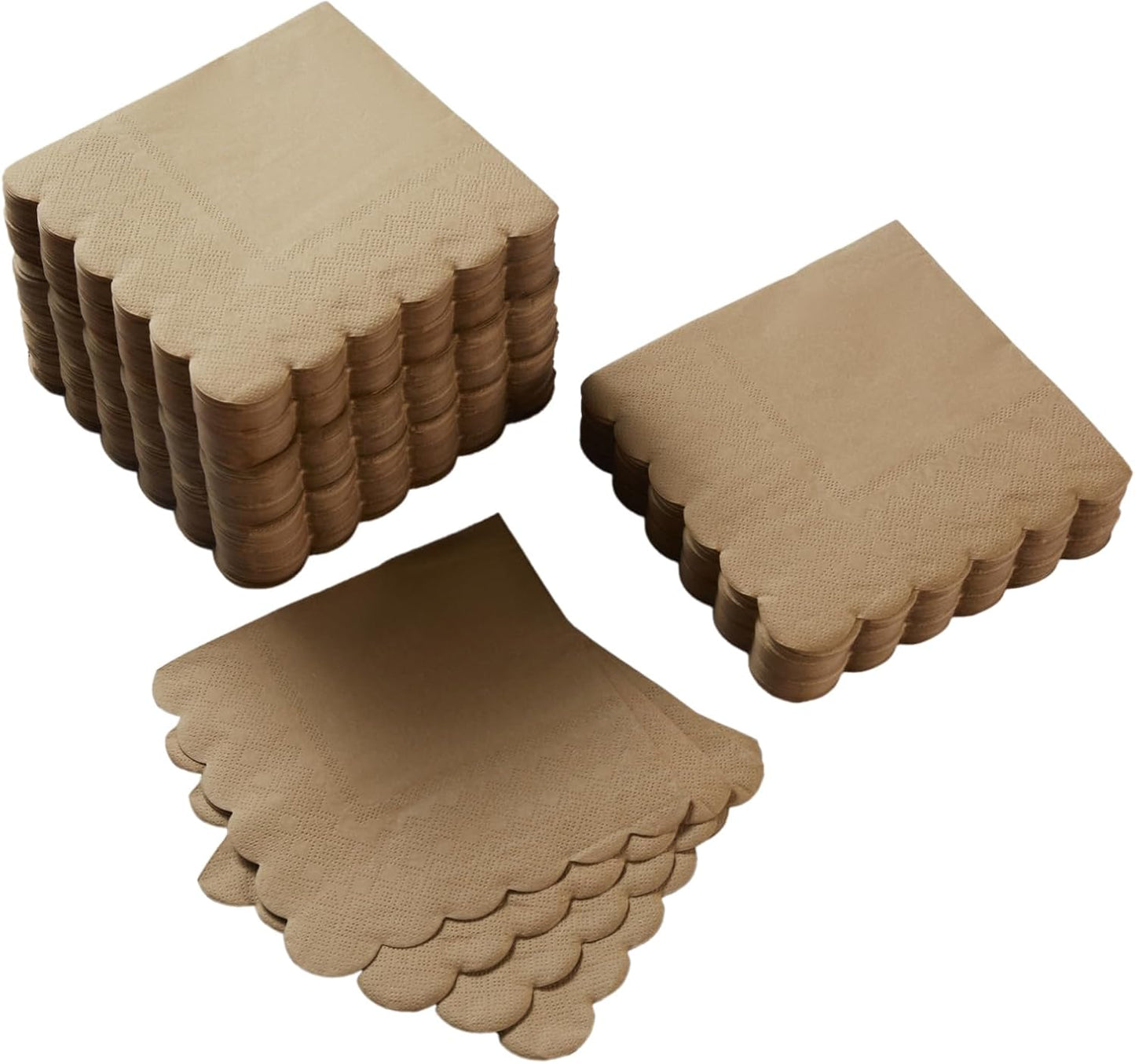 100 Pack Cocktail Napkin 2-Ply Scalloped Edged Dessert Napkins Folded 5 x 5 Inches Disposable Napkins for Dinner Wedding Birthday Party Bridal Anniversary Reception Event (Brown)