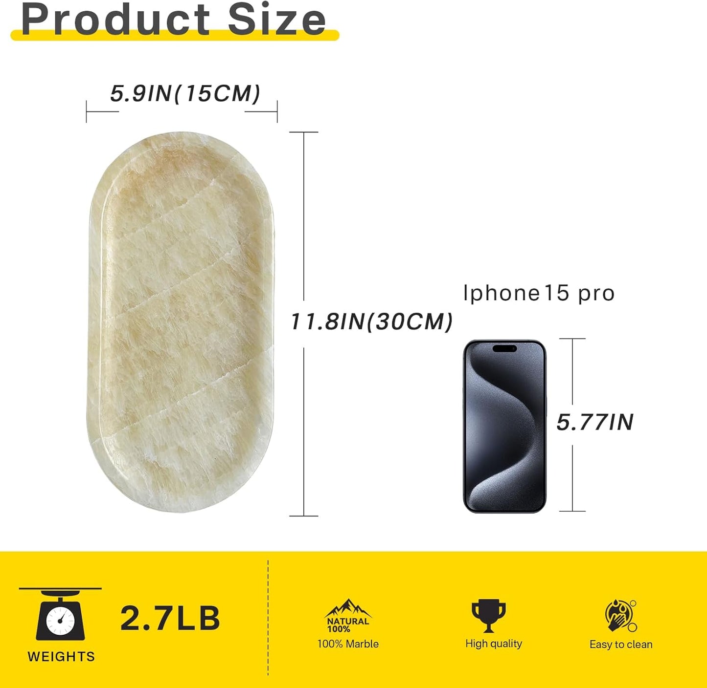 Natural Marble Tray, Stone Vanity Tray for Bathroom & Kitchen Countertop - Organizer for Perfume, Jewelry, Cosmetics 12x6 Inch,Amber