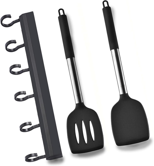 3Piece Silicone Spatula Set, Non Stick Slotted Kitchen Spatulas, High Heat Resistant BPA Free Cooking Utensils, Ideal Cookware for Fish, Eggs, Pancakes(black)