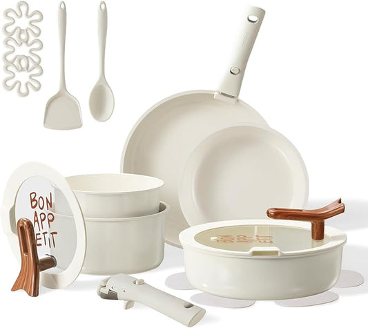 CAROTE 18Pcs Pots and Pans Set Non Stick, Nonstick Ceramic Cookware Set with Detachable Handle, Non Toxic Kitchen Cooking Sets, PFOA Free, Oven Safe, Stackable Induction Ready, Cream White