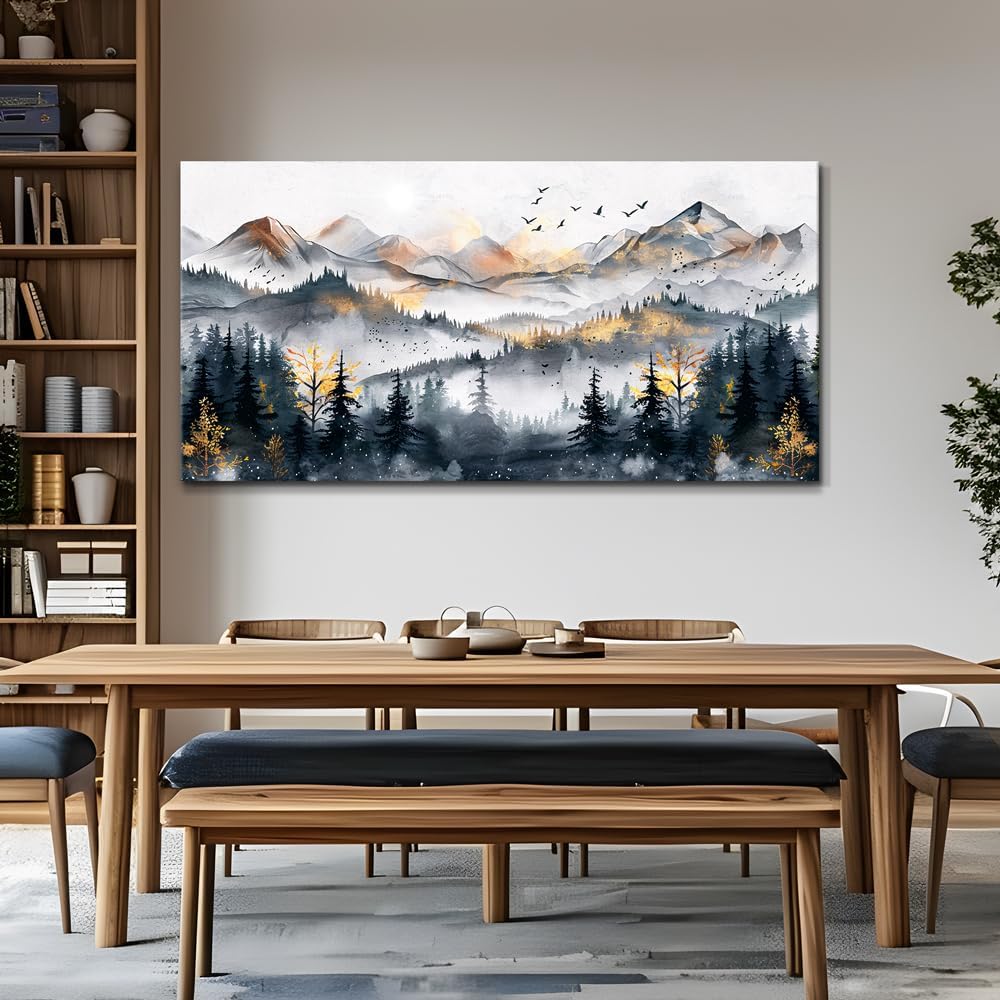 KELIYUAN Large Wall Decor For Bedroom Abstract Wall Art For Living Room Office Decoration Ink Mountain Landscapes Painting Misty Forest Wall Pictures Canvas Artwork Ready To Hang Home Decor 30"x60"