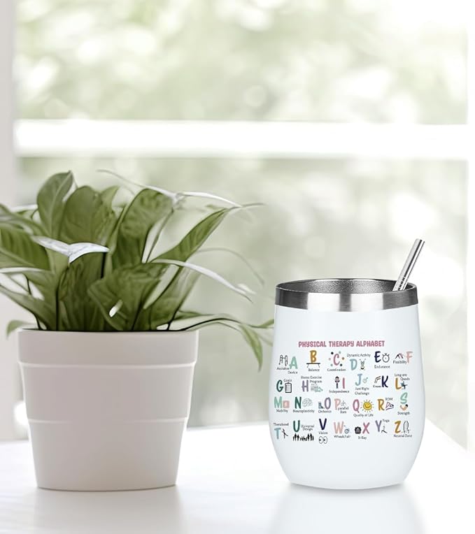 Occupational Therapy Gifts Wine Tumbler,Therapist Gifts PT Month Birthday Christmas Thank You Gift for Women PTA Physical Therapy Coffee Cup Insulated Stainless Steel 12oz Wine Glass with Lid, Straw