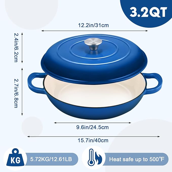 Overmont Enameled Cast Iron Dutch Oven - 3.8 Quart Dutch Oven Pot with Lid - Shallow Cookware Braising Pan - Cast iron Casserole with Cookbook & Heat-resistant Caps - Oven Safe up to 500° F