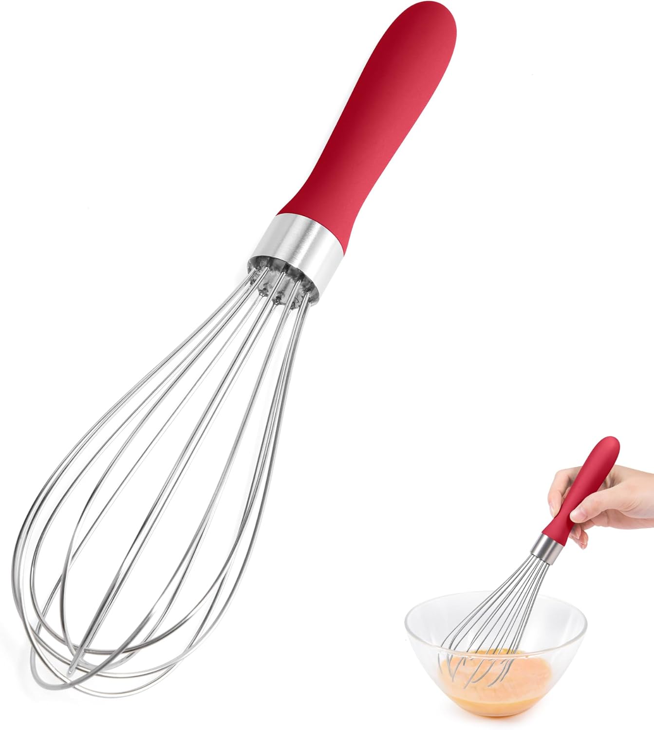 18/8 Stainless Steel Balloon Whisk, Doosu Kitchen Whisk for Cooking Handheld Egg Beater with Rust-Proof Sturdy Wires & Non-Slip Silicone Handle for Beating, Stirring, Blending (6 Wires, Red)