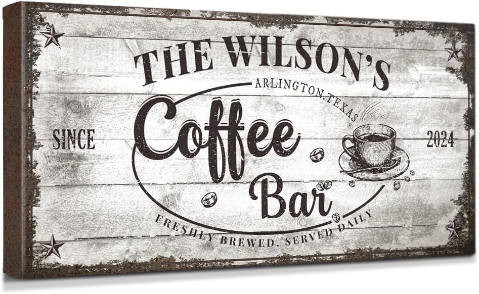 IPIC - Custom Coffee Bar Sign, Personalized Canvas Wall Art with Family Name, Vintage Coffee Station Decor, Canvas Prints Gift for Family Friend