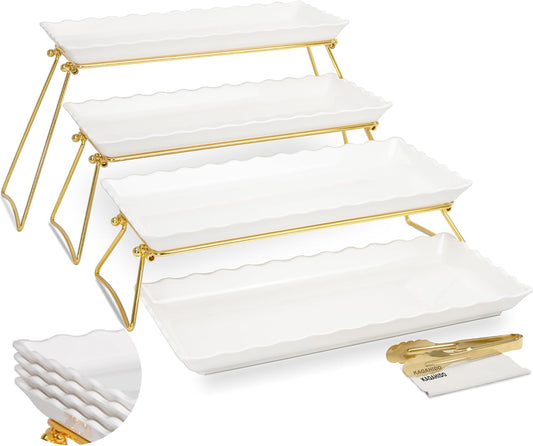 KAQAHIDO Extra Large 4 Tier Serving Tray Set, 34x22x10 inch Wave Edge Melamine Dessert Table Display Set, Tiered Trays Stand for Party Buffet Entertaining, Gold and White