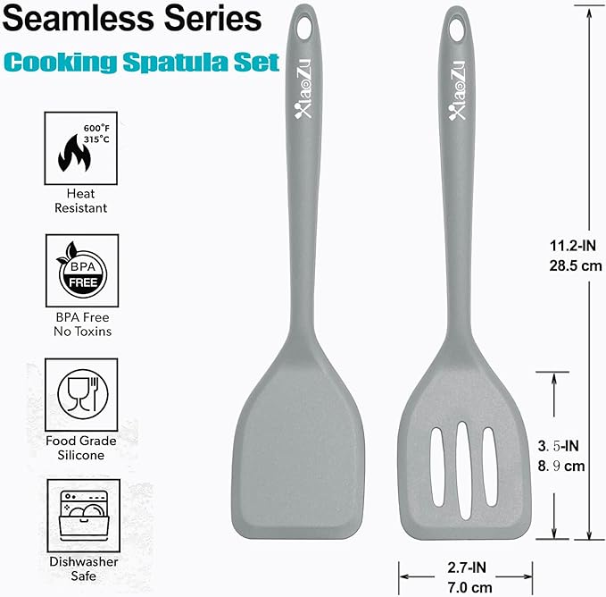 Silicone Spatula Turner Set, High Heat Resistant Spatulas with Seamless One Piece Design, Nonstick Rubber Flippers Utensils for Baking & Cooking,BPA-Free, 2 pack,Black (Grey)