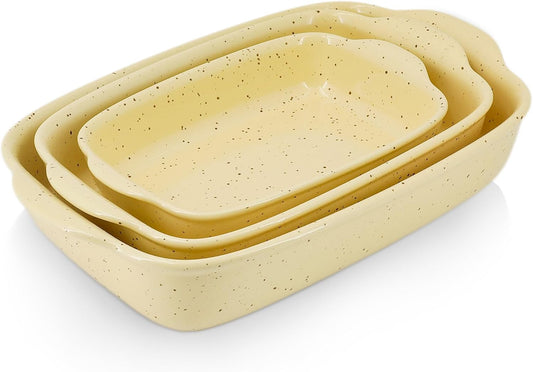 Casserole Dish Set of 3,Ceramic Bakeware for Oven,Rectangular Baking Dishes with Handles,High Heat Resistant,Colorful Speckle Stoneware Series (13.8''/12''/9.6''Yellow)