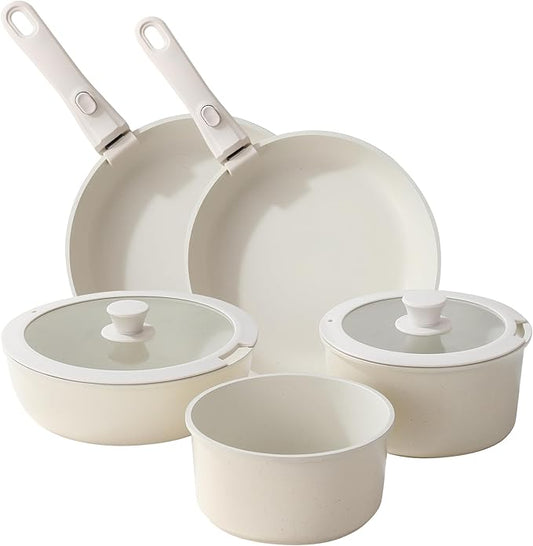 Ceramic Cookware Set 9 Pcs Pots and Pans Set with Detachable Handles Cooking Pan Saucepan Set Skillet Healthy Induction Cookware Oven Safe Dishwasher RV Kitchen Cream