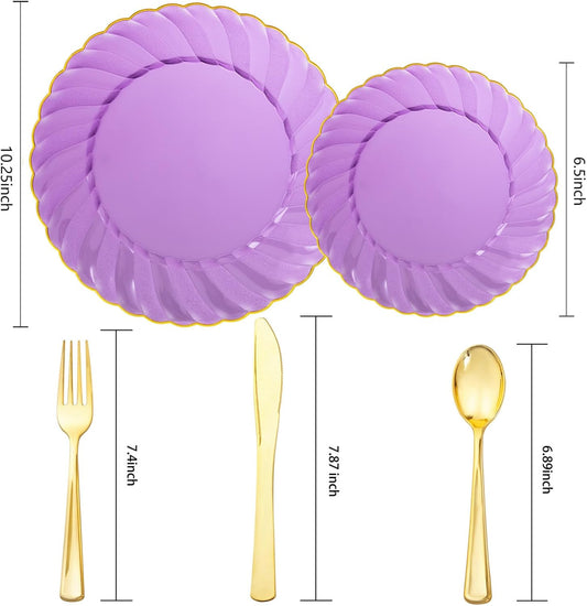 YOUBET 125PCS Purple Plastic Dinnerware Set - Gold and Clear Purple Disposable Plates Include 50 Plastic Plates 75 Silverwares for Wedding Birthday Parties