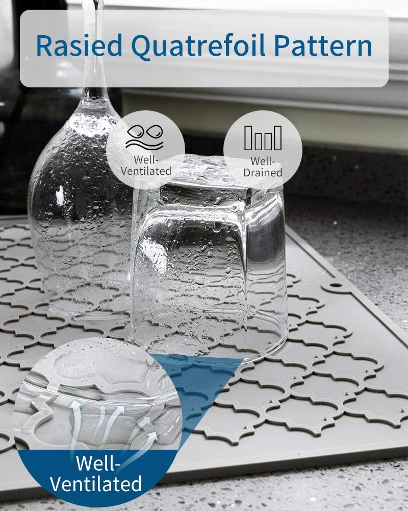 AMOAMI Dish Drying Mat,Heat-resistant,Easy Clean,Silicone Dish Drying Mats for kitchen Counter,Kitchen Gadgets Kitchen Accessories Kitchen Small Appliances (16" x 18" GREY)