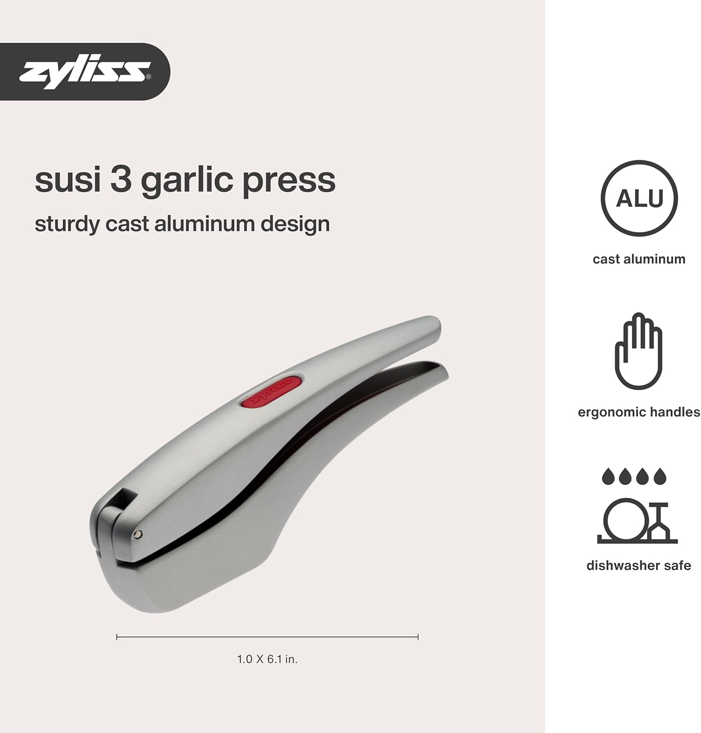Zyliss Susi 3 Garlic Press - Aluminium Press with Built-In Cleaning Tool - Garlic Crusher, Mincer & Peeler for Unpeeled Cloves