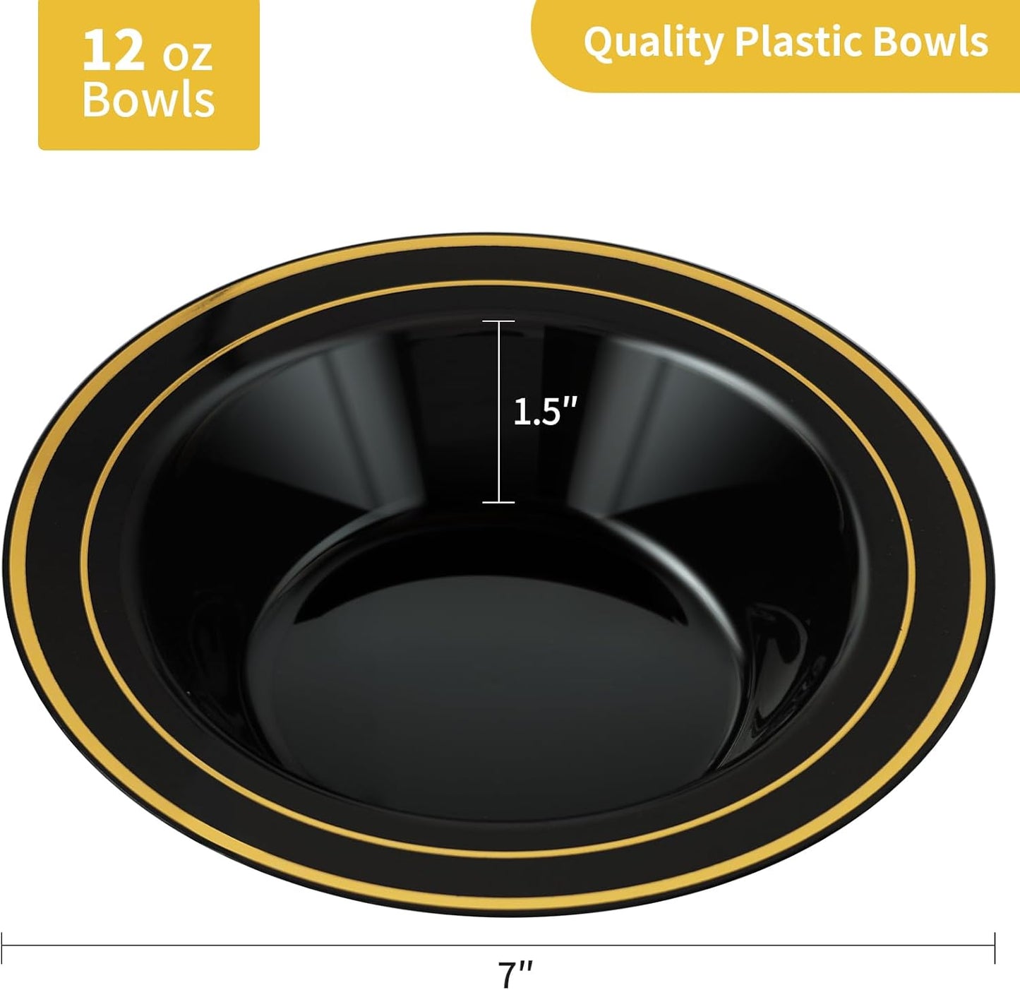 Goodluck 50 Pack Black Plastic Bowls with Gold Rim, 12oz Disposable Soup Bowls, Heavy Duty Dessert Bowls for Weddings, Parties, Dinners, Catering, and New Year