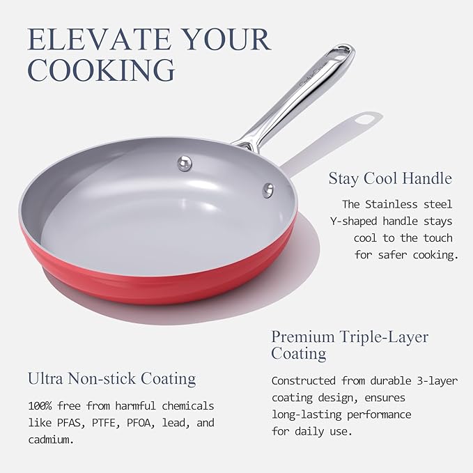 Nonstick Ceramic Frying Pan 10" Non Toxic Cooking Skillet for Eggs Pancakes & Stir Fry Even Heat Distribution PTFE/PFOA/PFAS Free Oven Safe Up to 500°F All Cooktops Compatible, Fusion Red