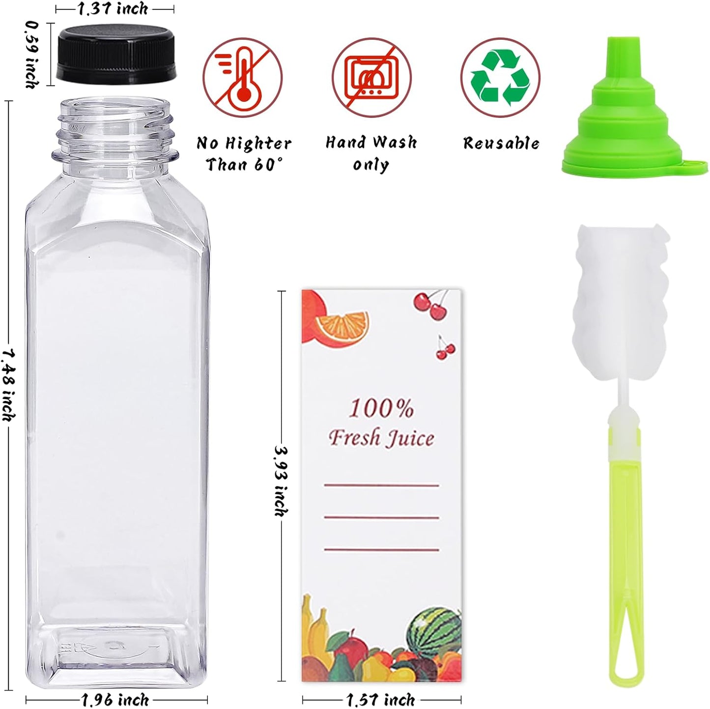 Plastic Juice Bottles 150 pcs 16 oz Empty Plastic Water Bottles with Caps Reusable Clear Beverage Containers for Drinking, Juicing, Smoothie, Water with 2 Brushes, 2 Funnels (16-OZ)