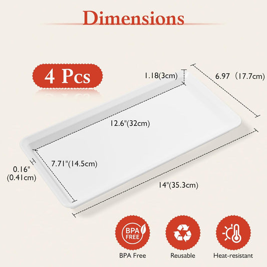 Extra Large Serving Tray Melamine Plastic for Party Supplies, 14" x 7" Platters for Serving Food, 4 pcs White Reusable Tray for Veggie, Snack, Fruit, Cookies, Desserts in Kitchen/Pantry Organization