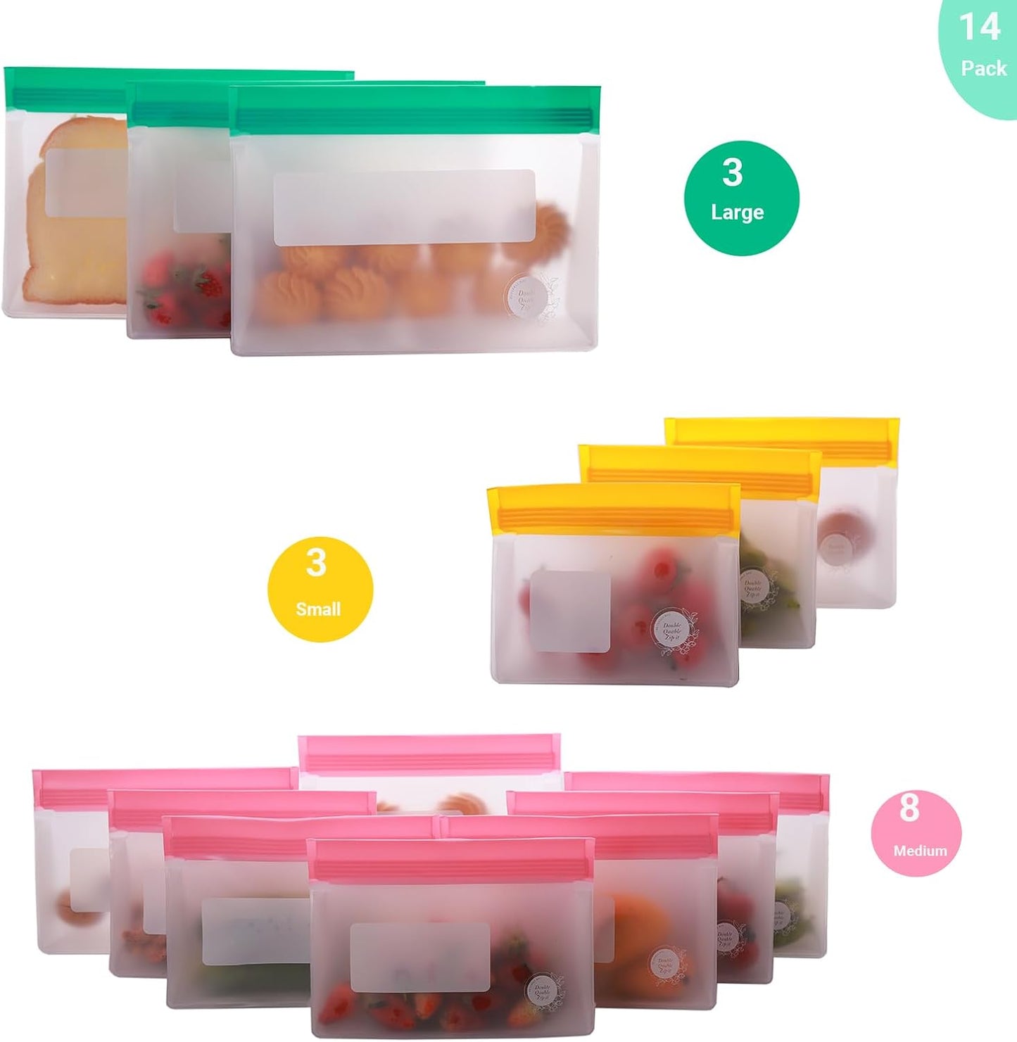 Reusable Food Storage Bags – 14-Pack Stand-Up, BPA-Free, Freezer, Dishwasher Safe & Eco-Friendly – 3 L, 8 M, 3 S Bags – Airtight Leakproof, Sandwich, Snack, and Meal Prep Baggies (Multicolor)