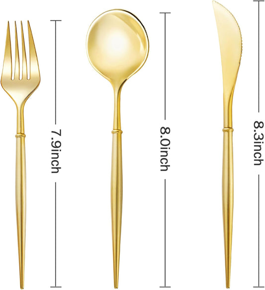 N9R 90PCS Gold Plastic Silverware, Gold Disposable Utensils, Gold Silverware Disposable, Disposable Cutlery includes: 30 Knives, 30 Forks, and 30 Spoons for Party, Birthday, Wedding