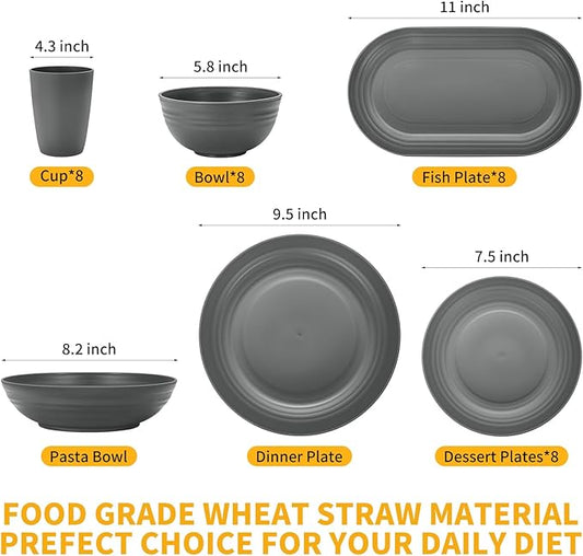 Lazycorner 48-Pcs Kitchen Wheat Straw Dinnerware Set, Service for 8, Plastic Reuasble Dinner Dishes Serving Plate Set for Kitchen, Including Dinner Plate, Dessert Plate, Bowl, Cup(Grey)