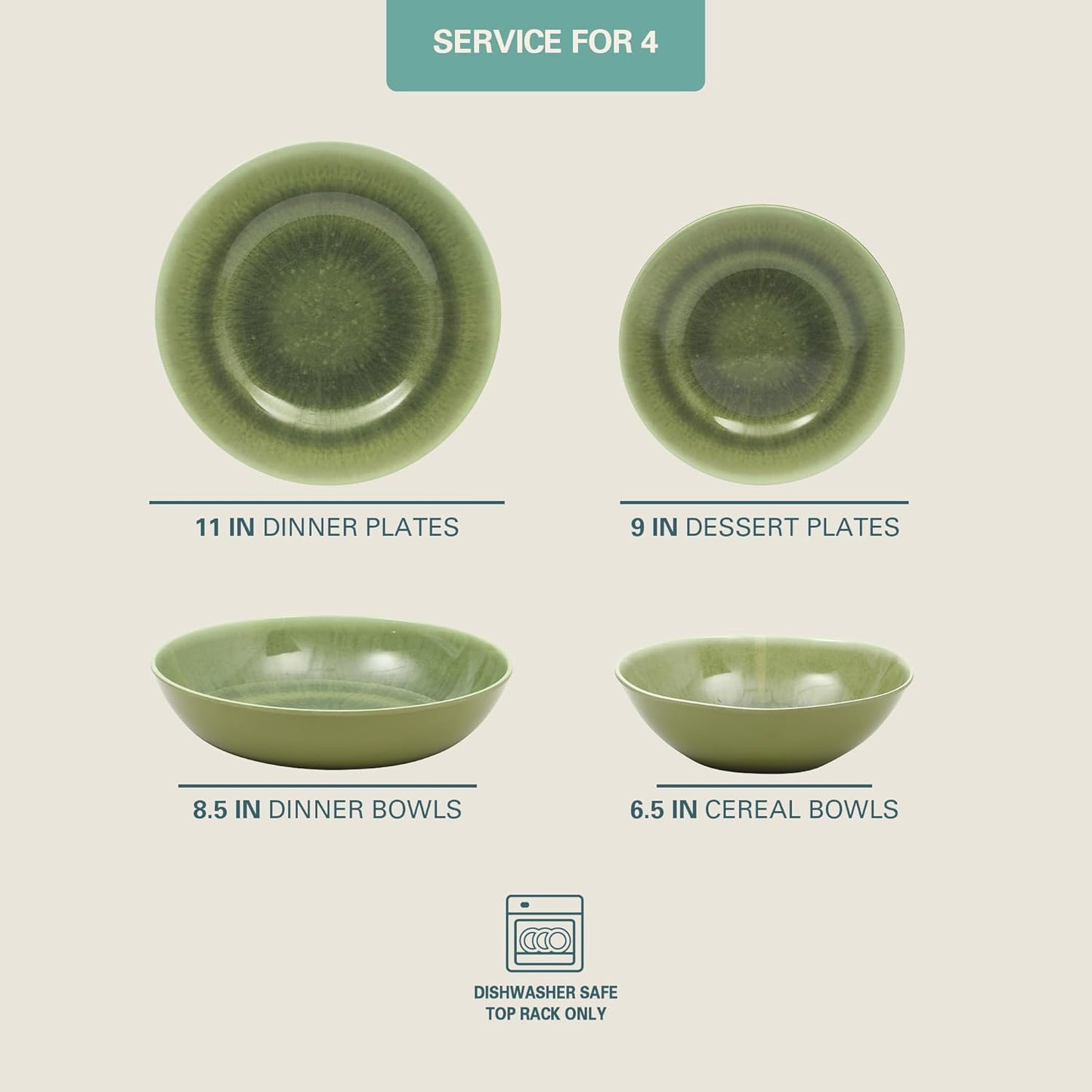 Gibson Home Casper Court 16-Piece Melamine Dinnerware Set – Green Reactive Glaze Look Plates and Bowls, Service for 4 – Top Rack Dishwasher Safe Everyday Dining Set