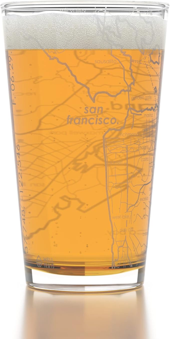Well Told Engraved San Francisco California Map Pint Glass, Etched Beer Gift (16 oz, Clear) City Map Pint, Custom City Glassware, Gifts For Beer Lovers