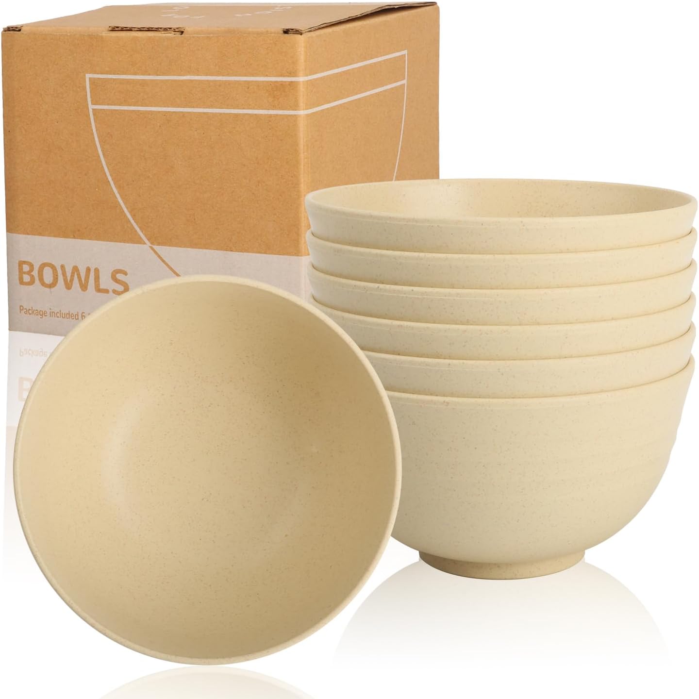 Wrova 6-piece Wheat Straw Bowls sets 26oz,Alternative Plastic Bowls Reusable for indoors and outdoors,Microwave-able and Dishwasher Safe Bowls Sets Easy to Clean.Beige Series