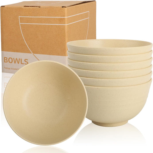 Wrova 6-piece Wheat Straw Bowls sets 26oz,Alternative Plastic Bowls Reusable for indoors and outdoors,Microwave-able and Dishwasher Safe Bowls Sets Easy to Clean.Beige Series
