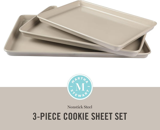 Martha Stewart Gallen 3-Piece Cookie Sheet Set – 13", 15", 17" Baking Pans, Ceramic Nonstick, PFA-Free, Carbon Steel – Oven Safe to 450°F, Warp-Resistant, Easy to Clean - Taupe