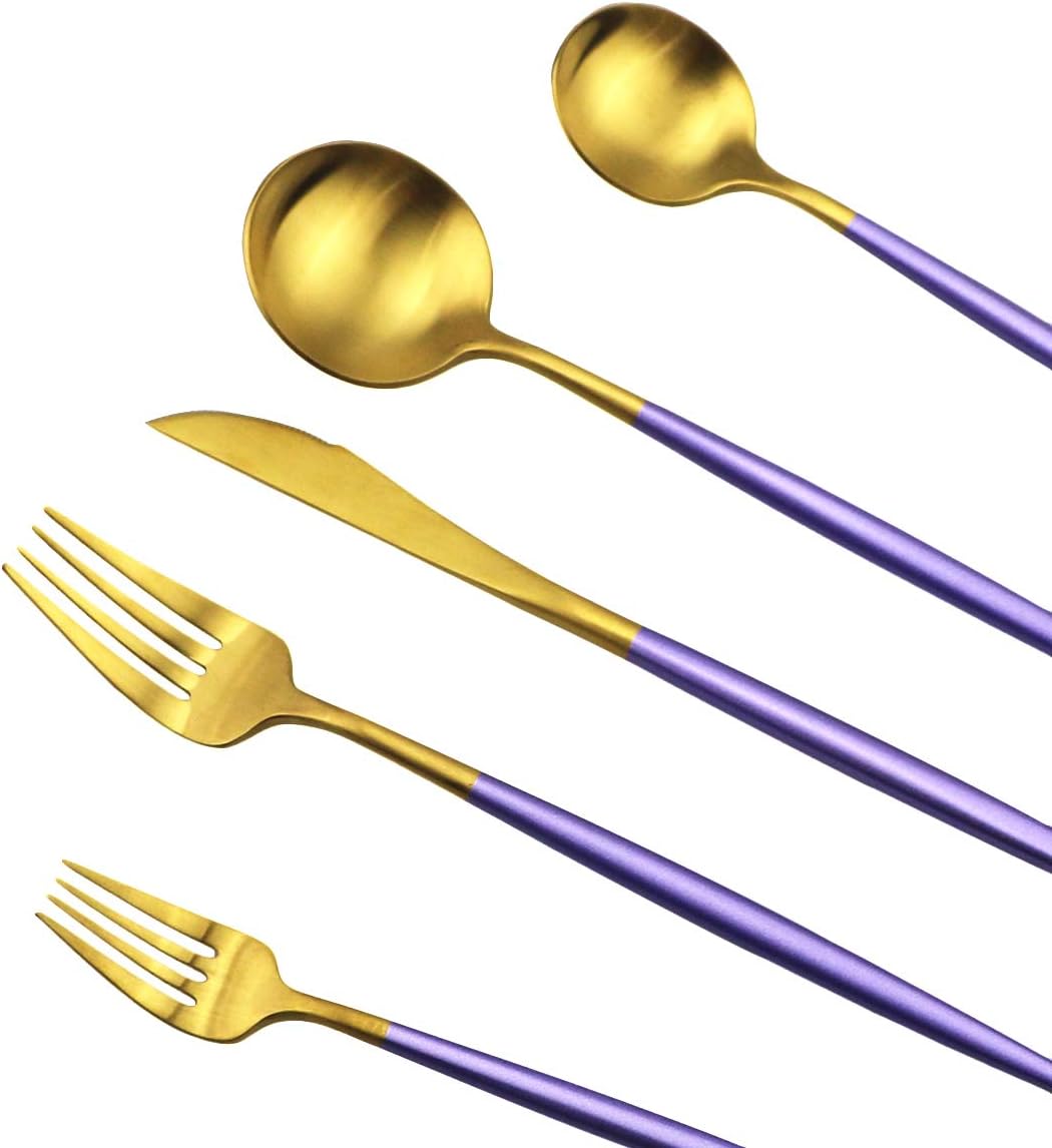 JASHII Silverware Sets, 5-Piece Purple Flatware 18/10 Stainless Steel Heavy Weight Forged Cutlery Eating Utensils Forks Spoons Knives Set Tableware Service for 1 Matte Finished (Purple & Gold)