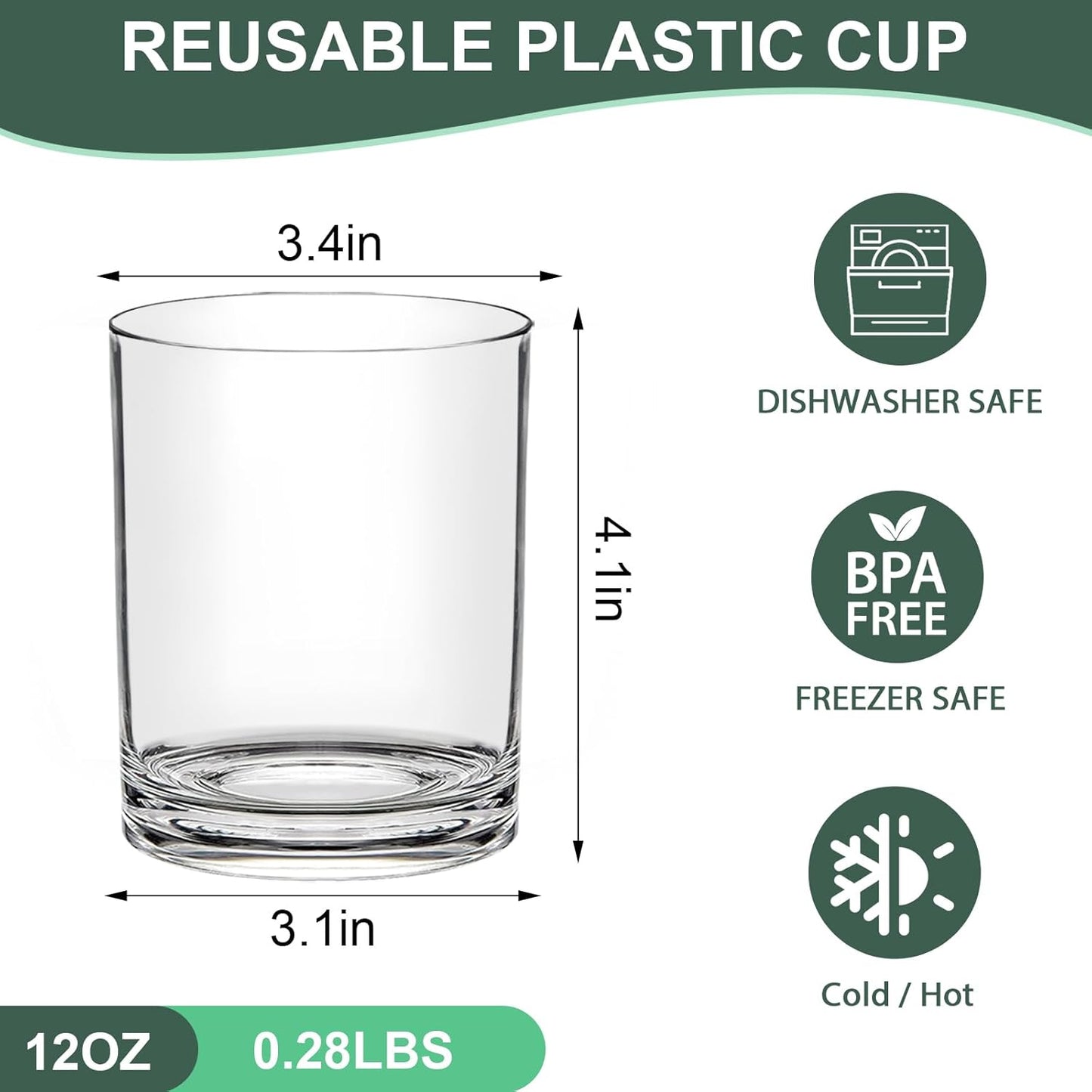 12 Oz Plastic Whiskey Glasses Set of 6 – Unbreakable Old Fashioned Cocktail Cups, Clear Reusable Plastic Drinking Glasses, Outdoor Glassware, Dishwasher Safe & BPA-Free