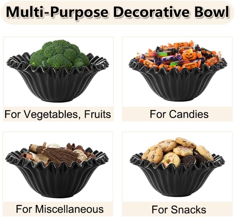 Large Decorative Bowl, Porcelain Fruit Bowl for Kitchen Counter HandCrafted Ruffle Flower Bowl for Home Decor Stylish Fluted Dish for Party, Black (10 inch) Halloween