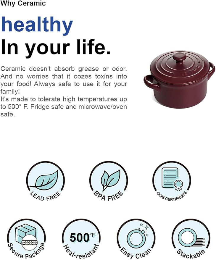 LE TAUCI 3 Quart Ceramic Dutch Oven - Lightweight, Non-Toxic, No Seasoning Needed- Oven, Microwave & Dishwasher Safe, Dutch Oven Pot with Lid for Sourdough, Soup & Stew, Burgundy Red