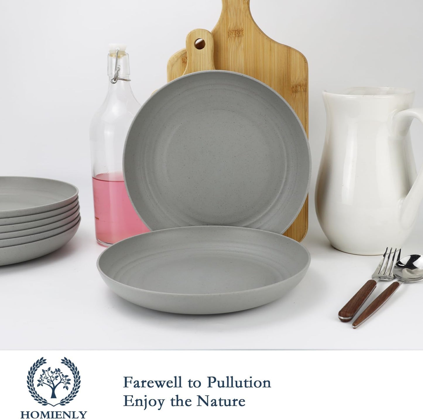 Homienly Deep Dinner Plates Set of 8 Alternative for Plastic Plates Microwave and Dishwasher Safe Wheat Straw Plates for Kitchen Unbreakable and Lightweight Round Plate Set (Grey,9 inch)