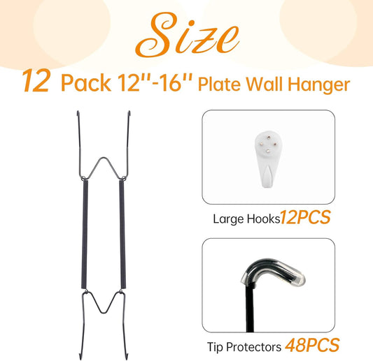 Bilillo 12 Pack Plate Hangers for The Wall, Suitable for 12''-16'' Decorative Plate,Invisible Heavy Duty Wire Plate Holder with Wall Hooks, Plate Hangers for Displaying Plates, Platter, Dish (Black)