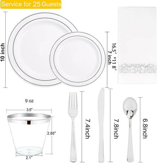 175Pcs Silver Plastic Dinnerware Set, Plastic Plates Disposable for 25 Guests Include:25 Dinner Plates, 25 Dessert Plates, 25 Paper Napkins, 25 Cups, 25 Silver Plastic Silverware Set