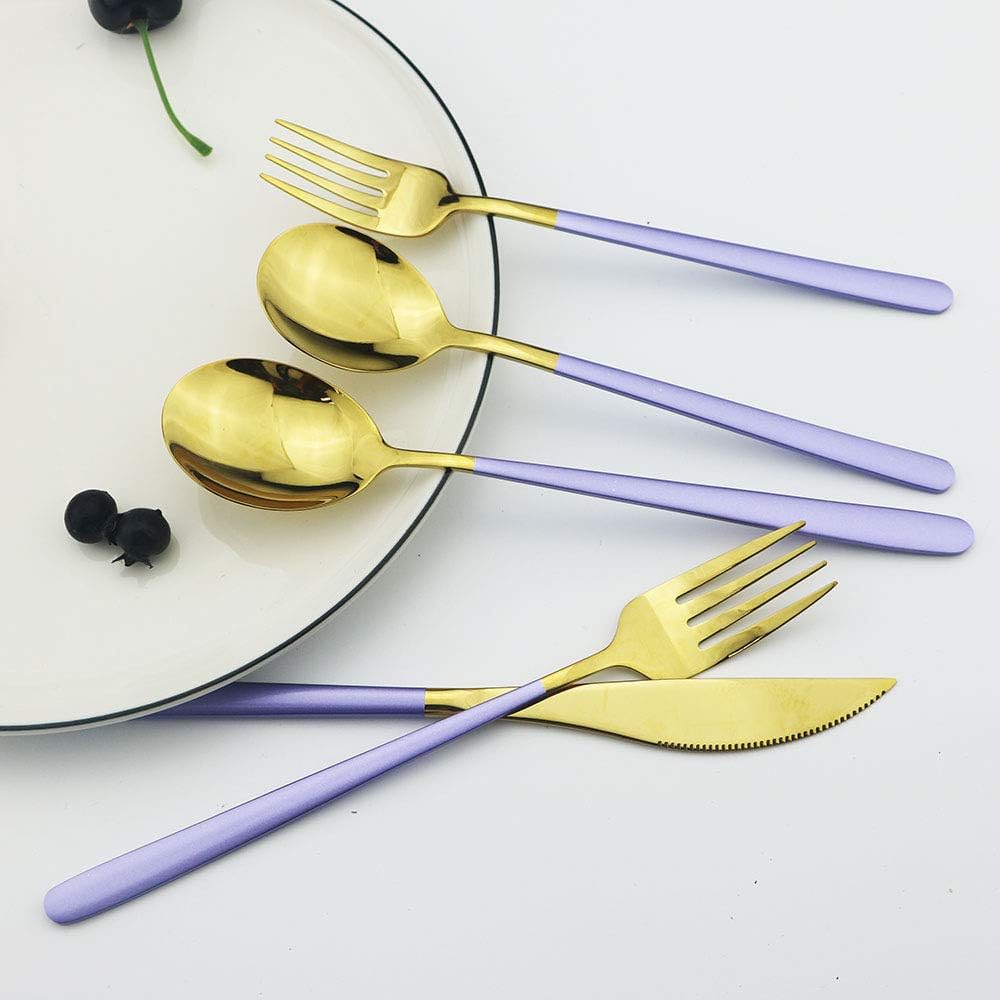 JASHII SUS304 Stainless Steel Flatware Cutlery Set For Home Kitchen Restaurant Hotel, Mirror Polished, 20-Piece Silverware Set for 4, Dishwasher Safe(Purple gold)