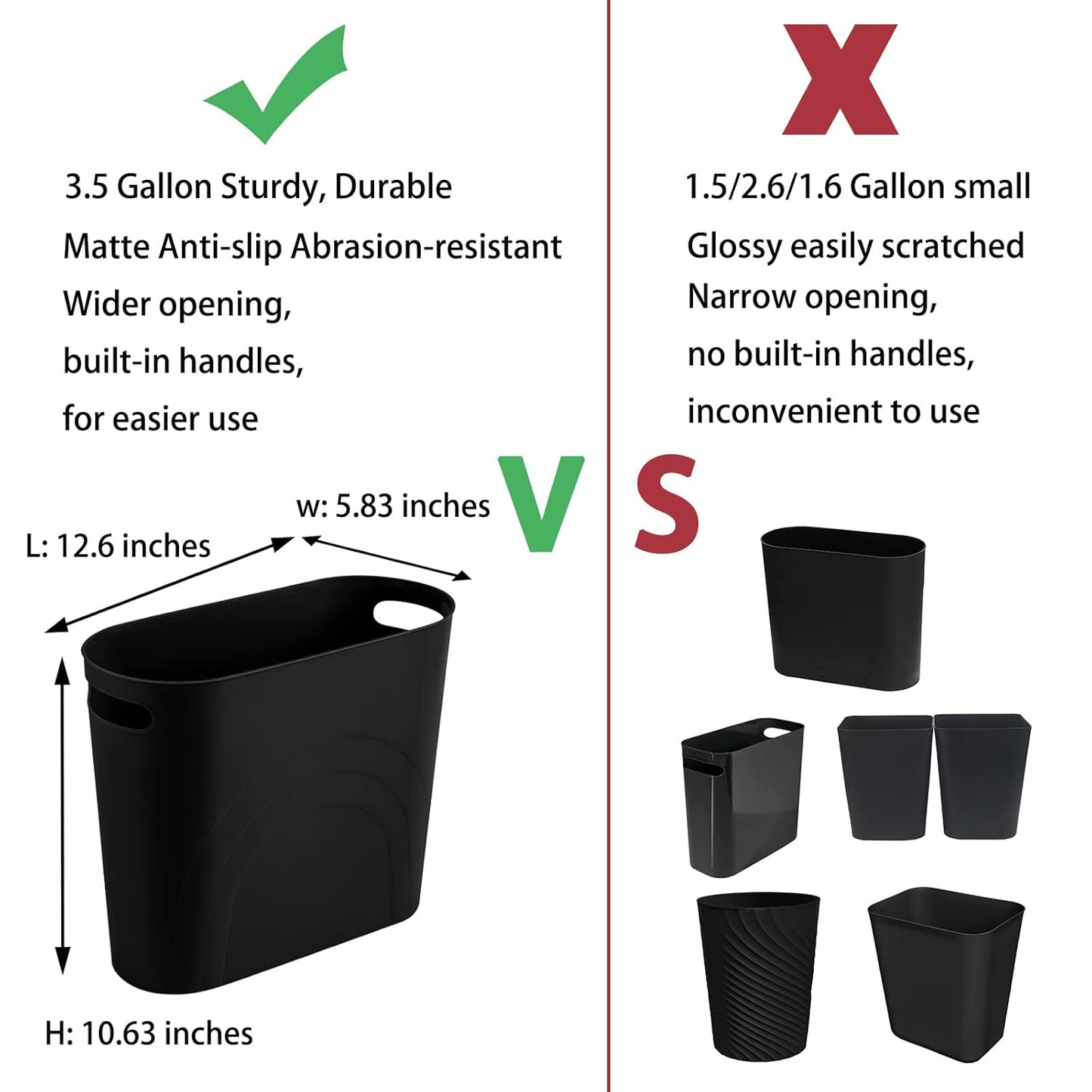 rejomiik Small Trash Can, Slim Garbage Can Plastic Waste Basket with Handles 3.5 Gallon Container Bin for Narrow Spaces Bathroom, Bedroom, Kitchen, Office at Home, 2 Pack Black