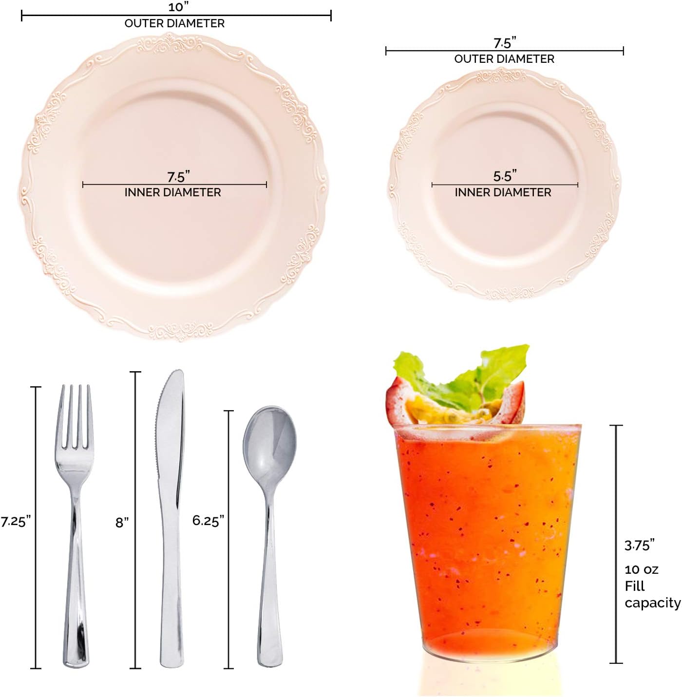 Elegant Plastic Plates, Disposable Dinnerware Sets, Plastic Dinner Plates, Disposable Plates for Party, Disposable Plastic Plates, Party Plates (Pink, Wedding Value Set (60 Guests))