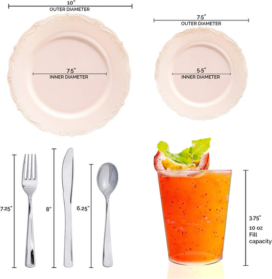 Elegant Plastic Plates, Disposable Dinnerware Sets, Plastic Dinner Plates, Disposable Plates for Party, Disposable Plastic Plates, Party Plates (Pink, Wedding Value Set (60 Guests))