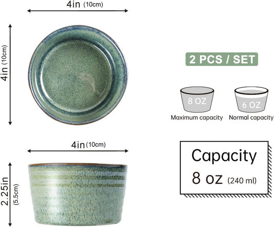 UNICASA Ramekin Set of 2, UNICASA 8 oz Creme Brulee Ramekins, Oven Safe Baking Set for Custard, Pudding, Souffle Cups, Reactive Green