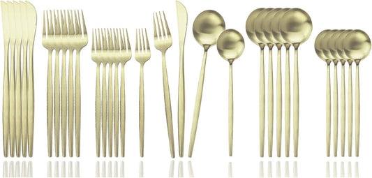 JASHII Flatware Silverware Set Stainless Steel Satin Finish Cutlery Set Service for 6, 30-Piece Spoons And Forks Kitchen Utensil Set, Dishwasher Safe (Matte Champagne gold)