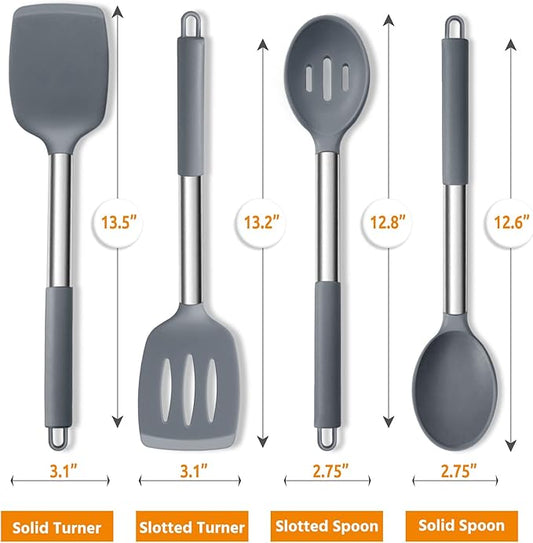 Cooking Utensils Set of 4, E-far Silicone Kitchen Utensils for Non-stick Cookware, Heat Resistant & Non-toxic Slotted Spatula Solid Spoon Turner for Flipping Mixing Serving Basting(Grey)