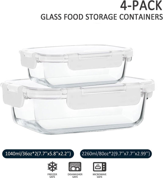 [80 oz & 36 oz]Extra Large Glass Food Storage/Baking Containers Set with Lids, 2 Pack 80 oz(10 cup)&2 Pack 36 oz (4.5 cup)Airtight Glass Container,Microwave,Oven,Freezer and Dishwasher, White