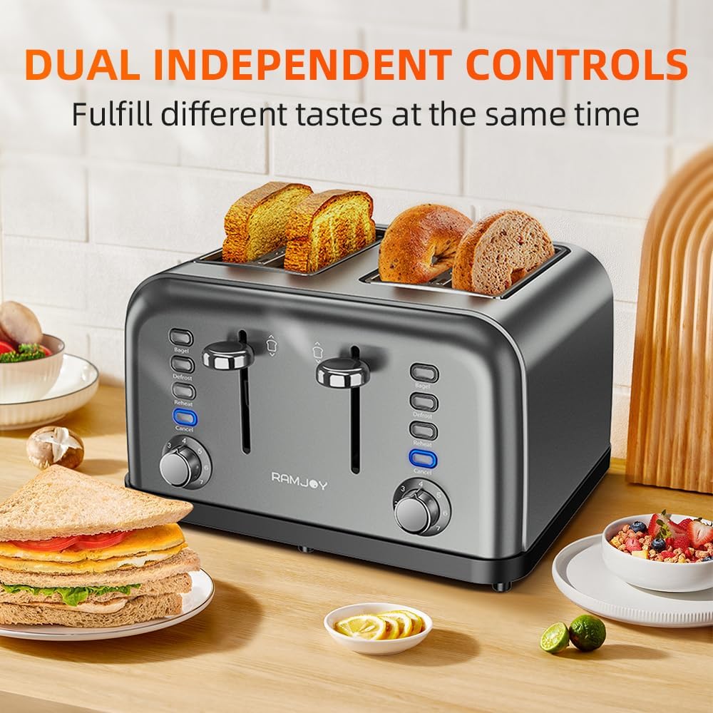 Grey Toaster 4 Slice, Dual Independent Controls, Extra Wide Slot Toasters for Bagel, Bread, Waffles, 7 Shade Settings, 4 Main Functions, Removable Crumb Tray, 1500 Watts, Grey Stainless Steel