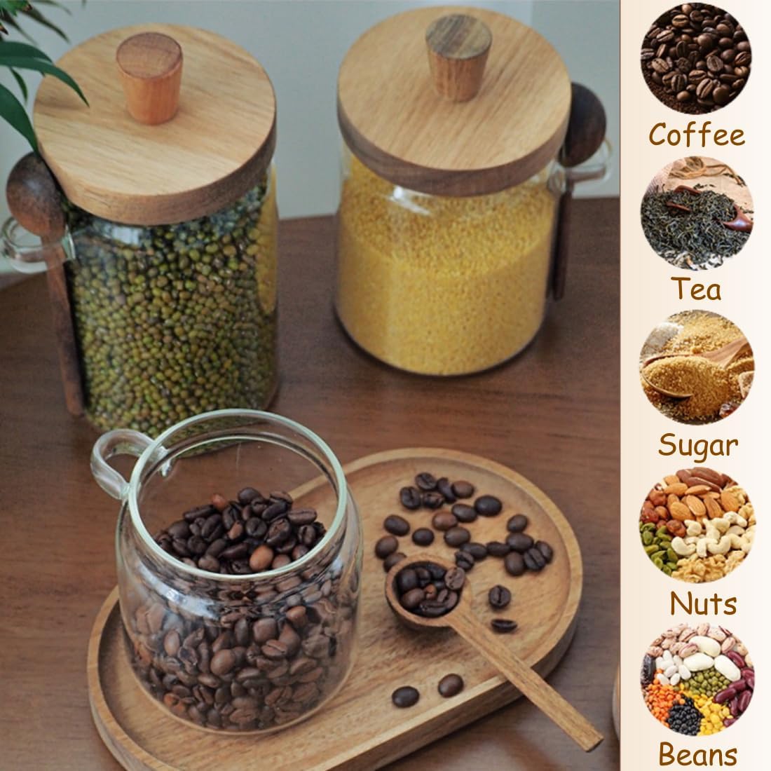 ANSQU Set of 2 Glass Food Storage Jars with Bamboo Wood Lid and Spoon, 27oz Glass Kitchen Canisters for Coffee, Tea, Cereal, Spice and Canning, Mason Jars (27oz-2pack)