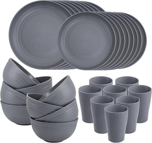 Supernal 32pcs Wheat Straw Dinnerware Sets,Unbreakable Dinnerware Sets for 8,Reusable Tableware,Dishes Set for 8,Plates and Bowls Set Dark Grey Include16pcs Plates, 8pcs Bowls, 8pcs Cups