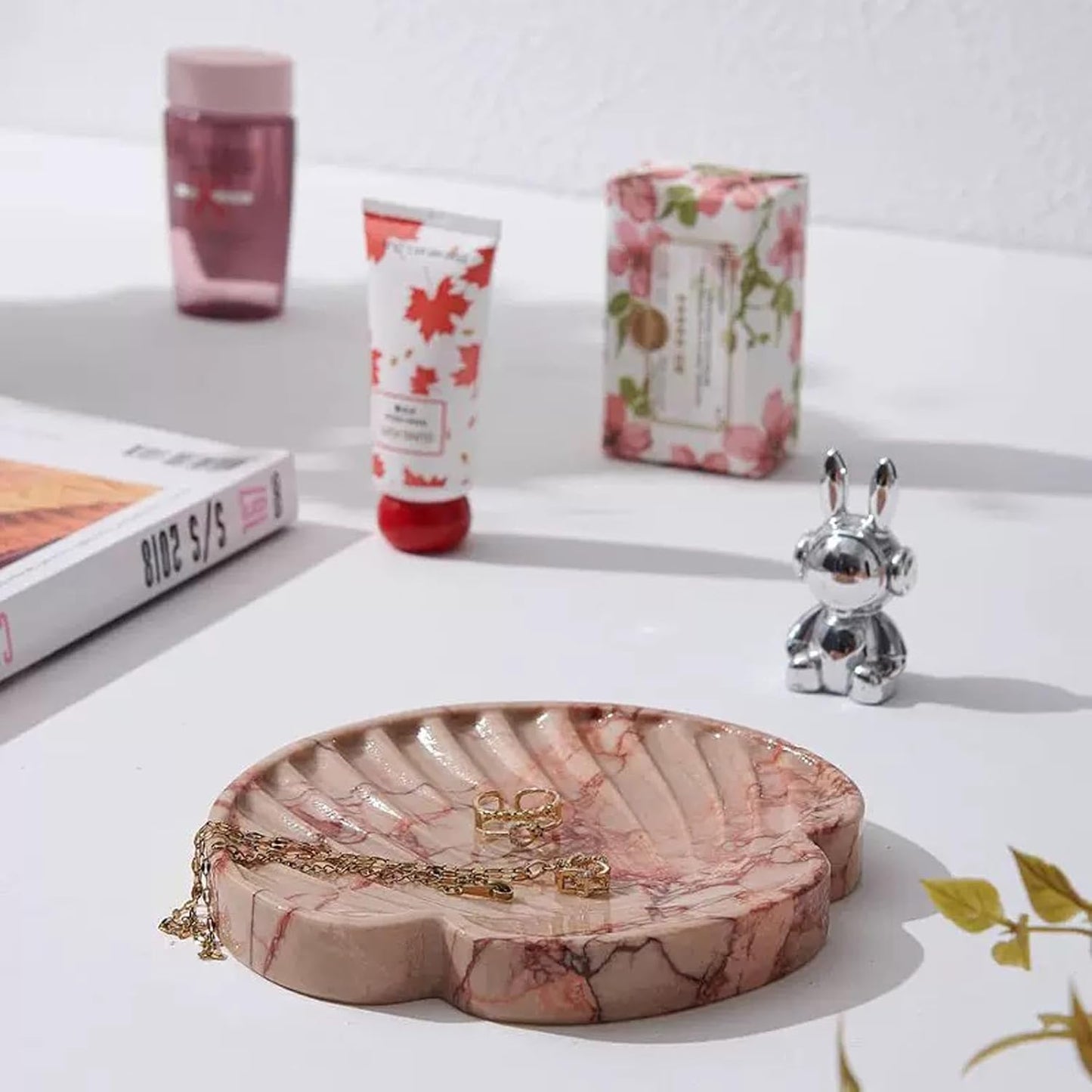 Real Natural Marble Jewelry Tray, 5.9 Inch Pink Vanity Tray, Trinket Dish, Ring Holder, Storage Tray, Dresser Organizer, Table Decor for Nightstand, Bathroom, Kitchen