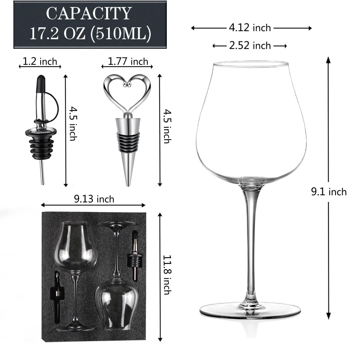 Wine Glasses Set of 2, 17.2 Oz Hand Blown Crystal Clear Glass, Long Stem Red/White Wine Glass with Wine Accessories and Gift Box - for Birthdays, Weddings, Party
